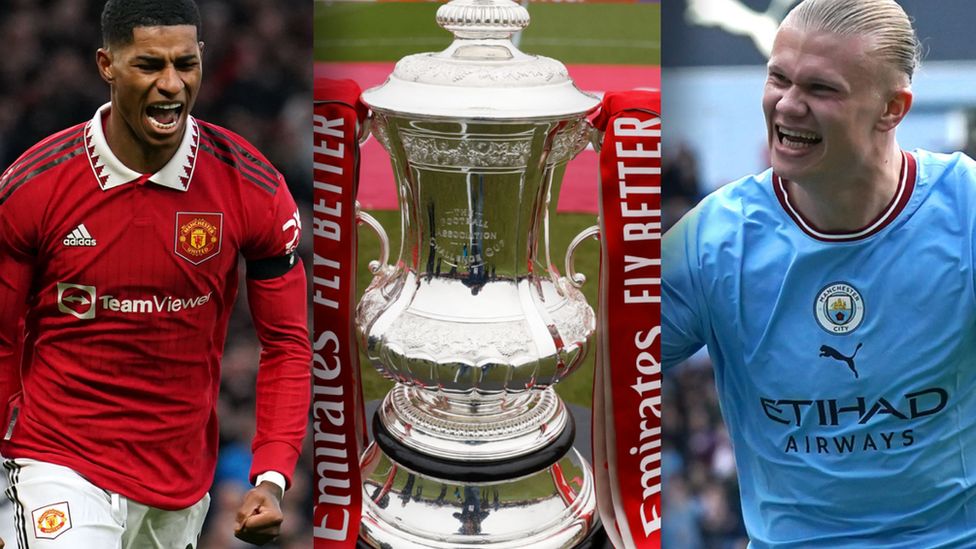 Manchester United forward Marcus Rashford (left), Manchester City forward Erling Haaland (right) and the FA Cup trophy