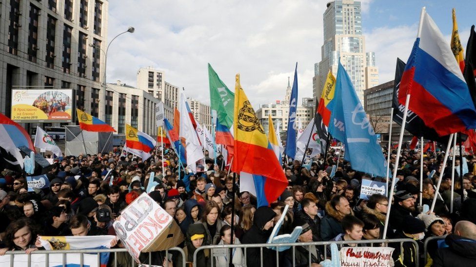 People attend an opposition rally in central Moscow on March 10, 2019, to demand internet freedom in Russia