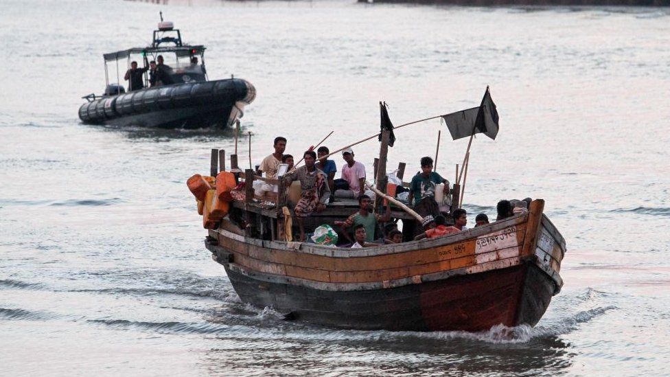 A wooden boat carrying Rohingya refugees children detained in Malaysia territorial waters off the island of Langkawi, 2018