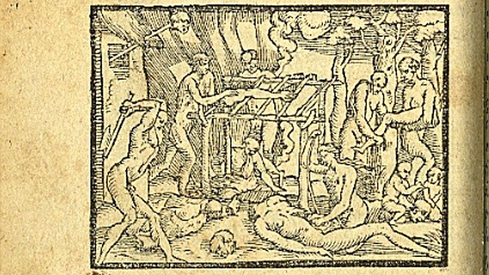 Ilustración de indígenas en guerra y cocinando humanos - New York Public Library