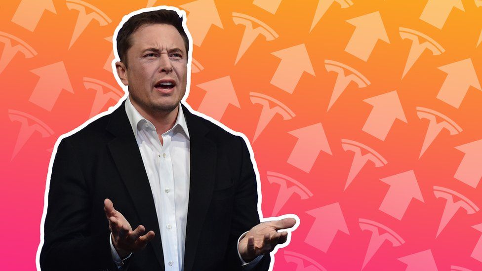A photo illustration shows Elon Musk with a confused look and arms held up, isolated against a sunset-coloured background embossed with upward arrows and Tesla logos