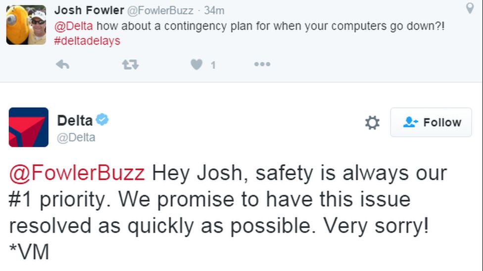 A tweet reads: "@Delta how about a contingency plan for when your computers go down?! #deltadelays" with the reply reading "@FowlerBuzz Hey Josh, safety is always our #1 priority. We promise to have this issue resolved as quickly as possible. Very sorry! *VM"