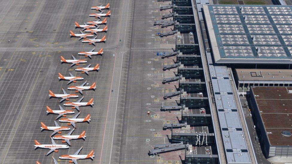 An aerial view shows air planes of EasyJet sitting on the tarmac at the Berlin Brandenburg International Airport in Schoenefeld, Germany, 23 April 2020