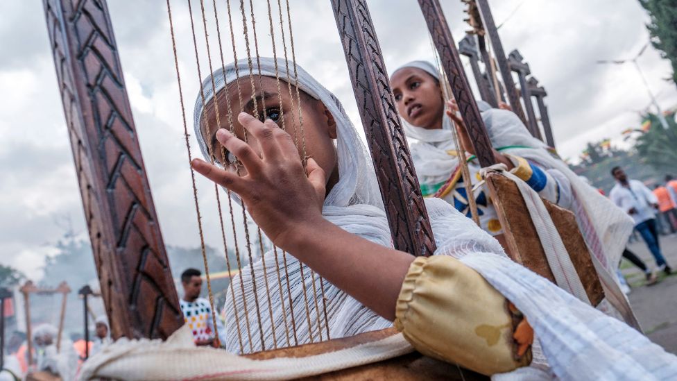 Harpists taking part in a parade in Gondar, Ethiopia - Tuesday 18 January 2022