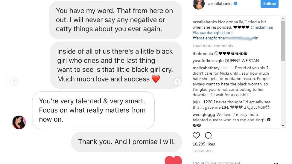 Screenshot of Nicki Minaj's reply to Azealia Banks