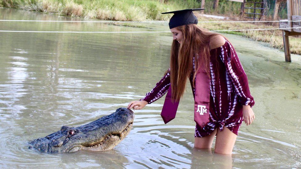 Makenzie leans into alligator