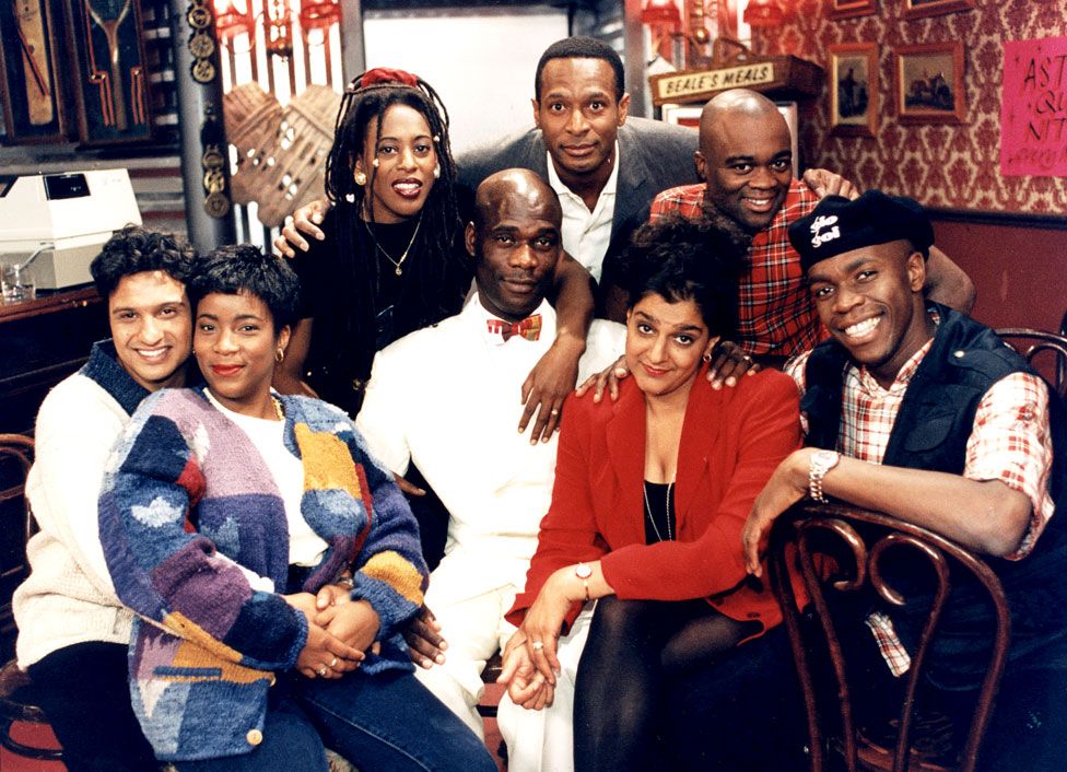 Kulwinder Ghir, Llewella Gideon, Judith Jacob, Leo Chester, Felix Dexter, Ishmael Thomas, Meera Syal and Robbie Gee seen in a promotional photo of series five of The Real McCoy