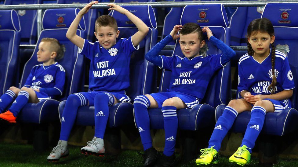Cardiff City mascots in the dug-out