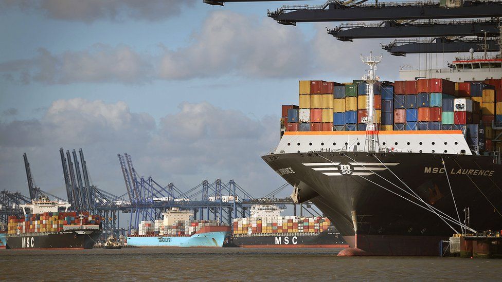 Container ships are unloaded at Felixstowe, the UK's busiest port