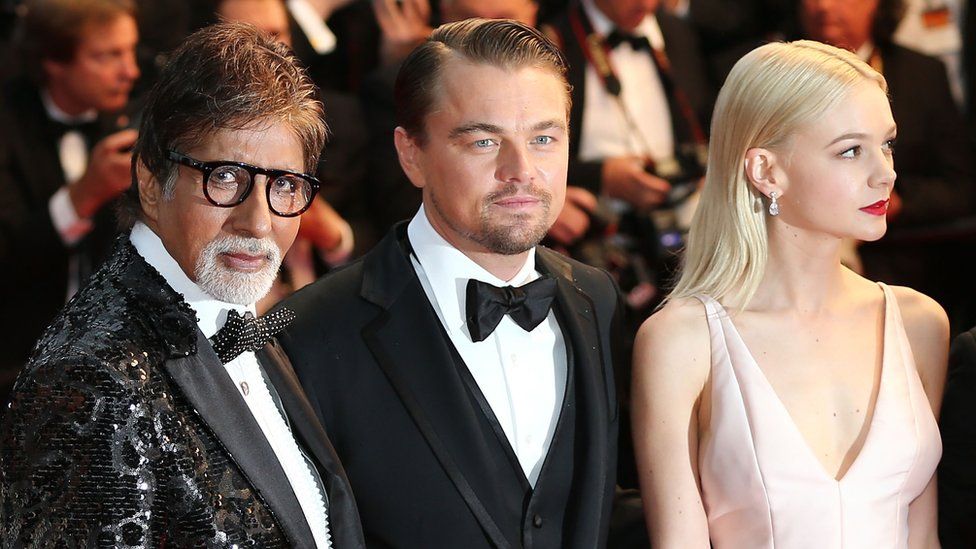 Amitabh Bachchan with Leonardo DiCaprio and Carey Mulligan at the Cannes Film Festival in 2013