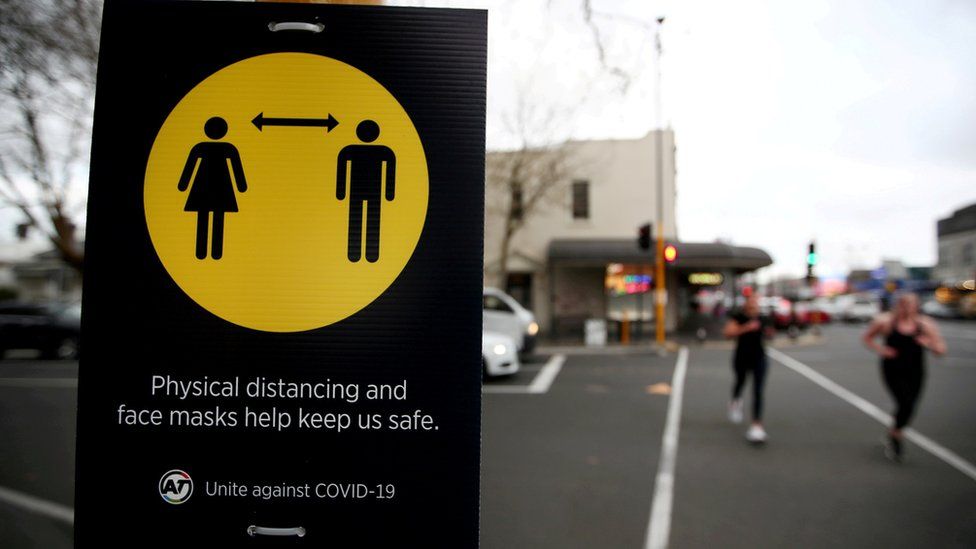 Social distancing sign at Auckland airport, New Zealand (file pic)