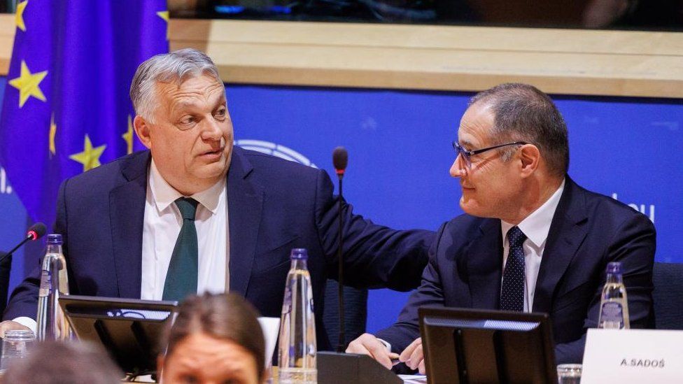Hungarian Prime Minister Viktor Orban and former Executive Director of the European Border and Coast Guard Agency FRONTEX, Fabrice Leggeri, preside over a discussion about European migration policy and current topics on the agenda of the European Council at the European Parliament in Brussels, Belgium, 16 April 2024