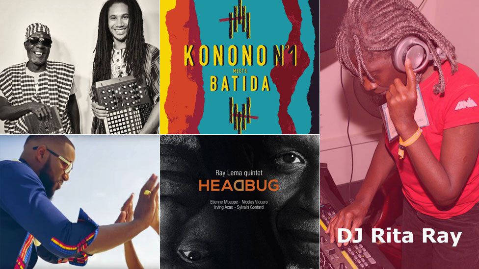 Top: artwork for Kondi Band (L) and Konono No 1 meets Batida (M). Bottom: Tay Grin (L) and Headbug album artwork (M), Right: DJ Rita Ray