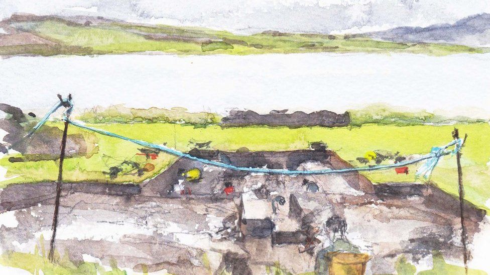 Karen Wallis watercolour of Ness of Brodgar dig site