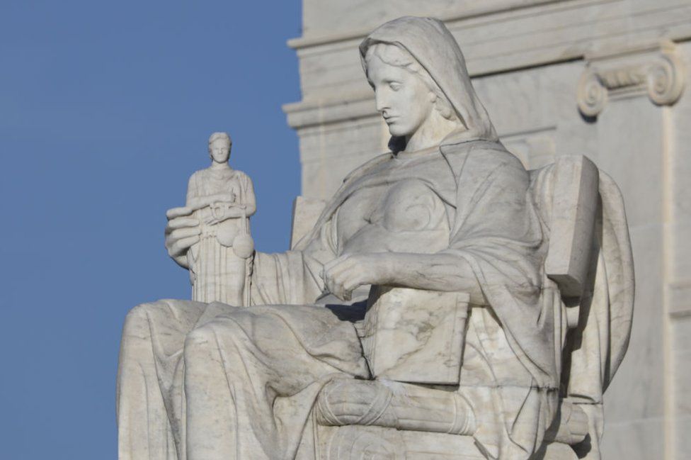 Detail of a classical marble statue on the Supreme Court building in Washington DC