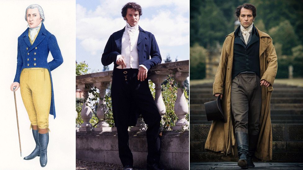 Mr Darcy artist's impression and Colin Firth in the BBC adaptation and Matthew Rhys in Death Comes to Pemberley