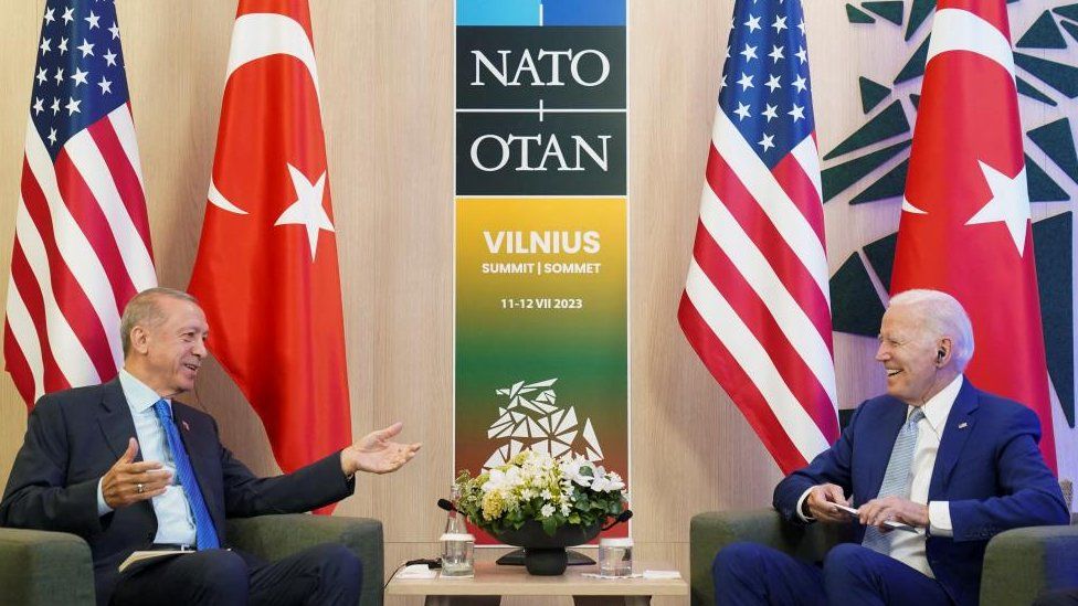 US President Joe Biden sits opposite Turkish President Tayyip Erdogan at the Nato summit in Vilnius, Lithuania, 11 July 2023.