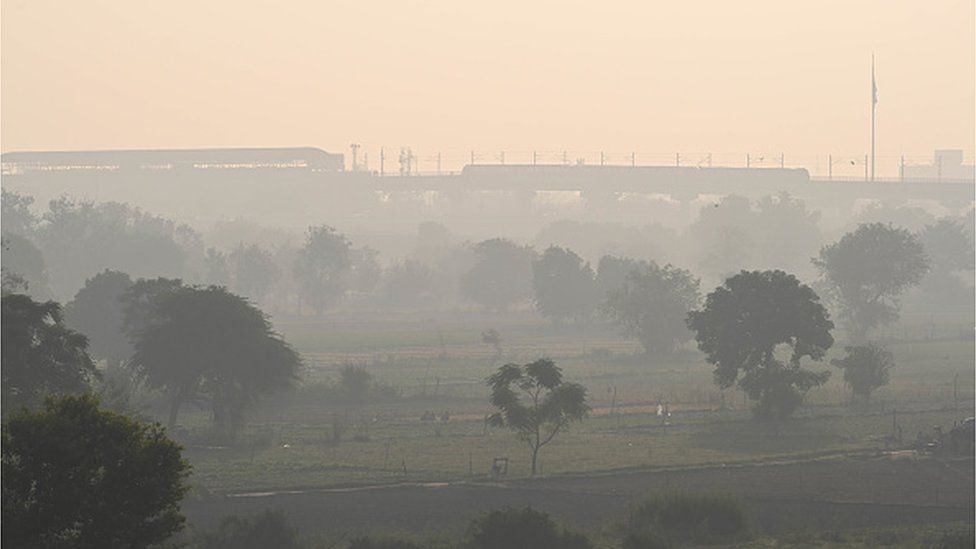 Delhi Metro rail seen near Yamuna Bank on a smoggy morning as Air pollution rise in Delhi-NCR, on October 19, 2023 in New Delhi, India.