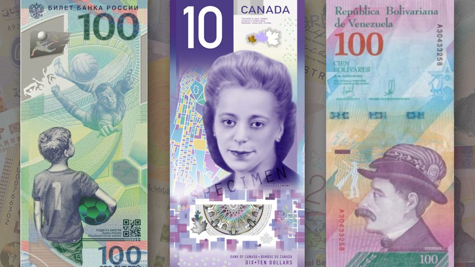The $10 Viola Desmond note (centre) beat competition from Russia (left) and Venezuela (right)