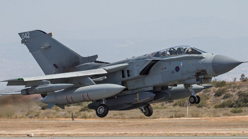 A Ministry of Defence image of an RAF Tornado jet armed with Storm Shadow missiles