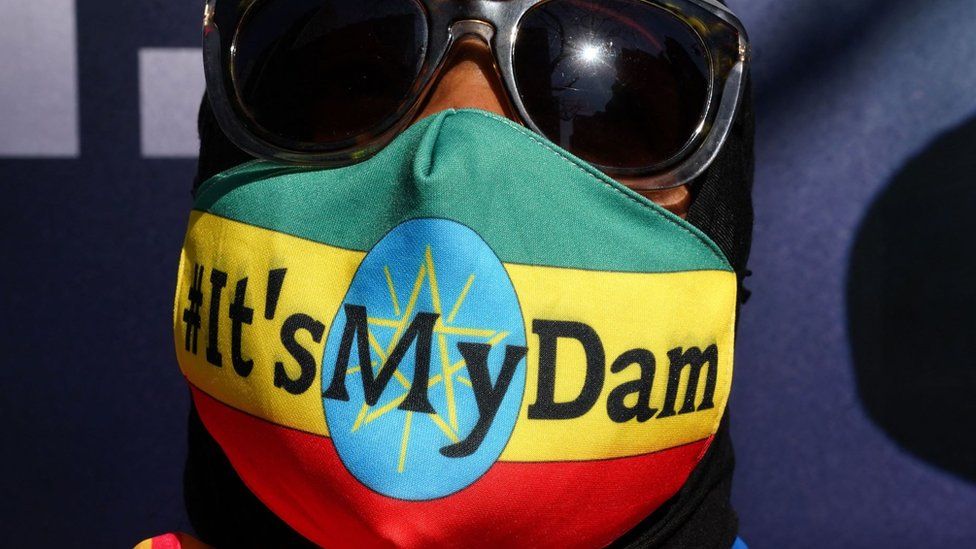 Protestors march down 42nd Street in New York during a "It's my Dam" protest on March 11, 2021, where Ethiopians unite around the Nile River mega-project.
