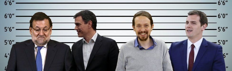 A composite image showing Mariano Rajoy, Pedro Sanchez, Pablo Iglesias and Albert Rivera set against an ID parade