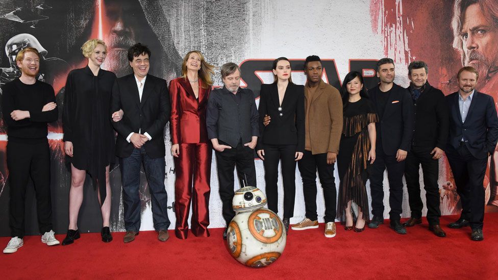 Rian Johnson (far right) with cast members from The Last Jedi