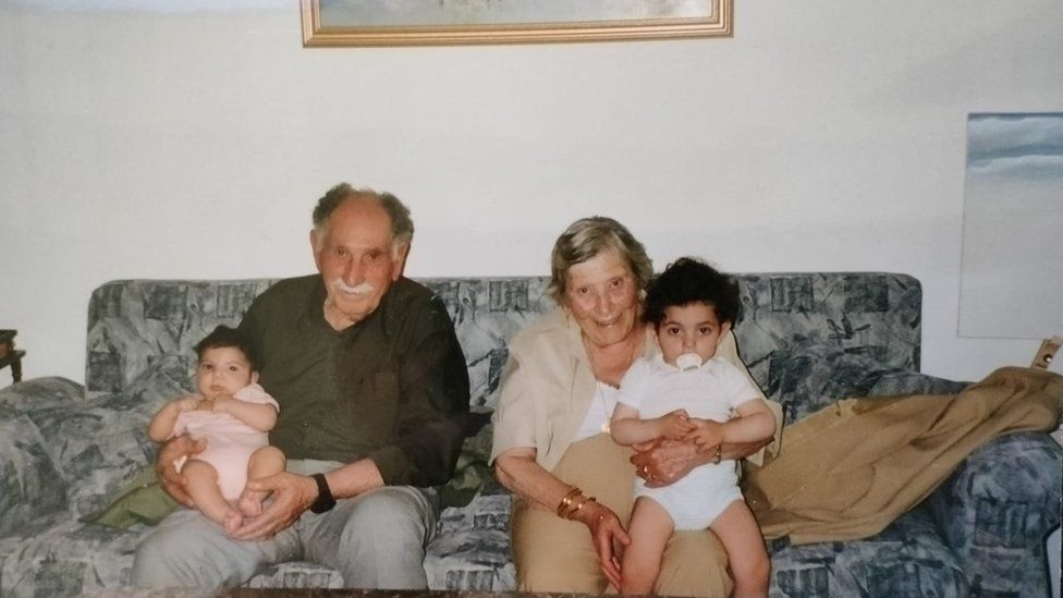 Eid Haddad's parents Rizk Eid Beshara Haddad and Mariam Akl Ballout, with their grandchildren in 2002