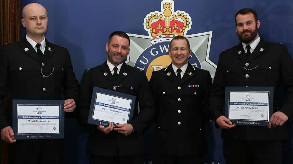 PC Rhydian Jones, PC Gareth Marsh and PC Ashley Cotton receive a commendation for their bravery from Gwent Police chief constable Julian Williams