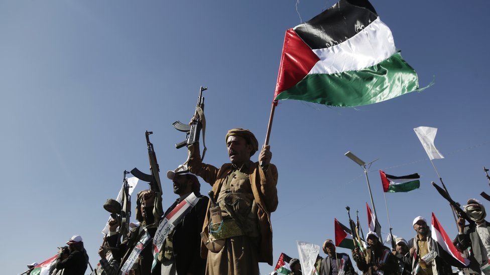 Houthi fighters in a pro-Palestine demonstration in the Yemeni capital, Sanaa