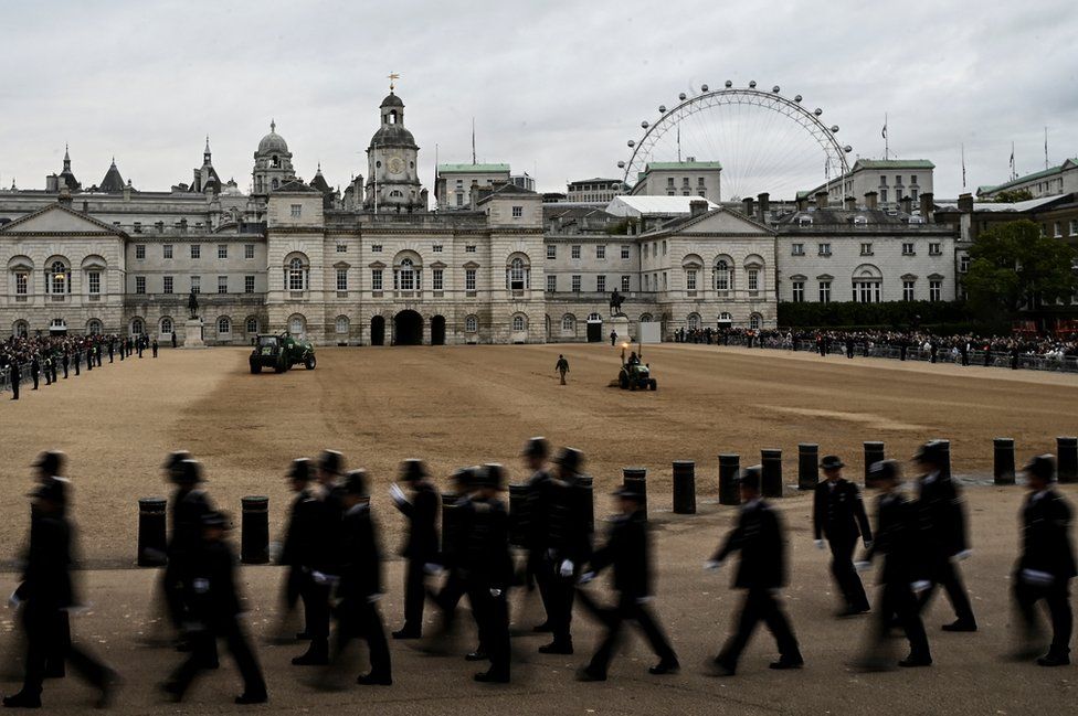 Police officers prepare on Horse Guards in London