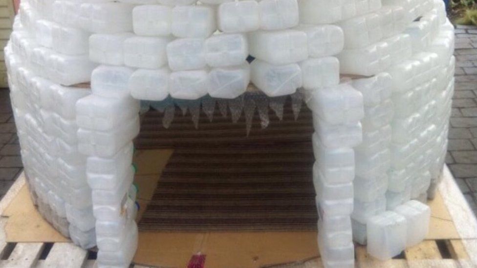Igloo made from 700 milk cartons