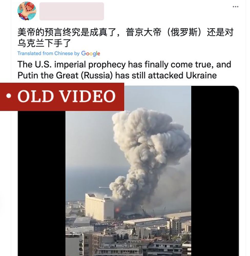 Twitter post wrongly attributing the 2020 Beirut explosion to Ukraine