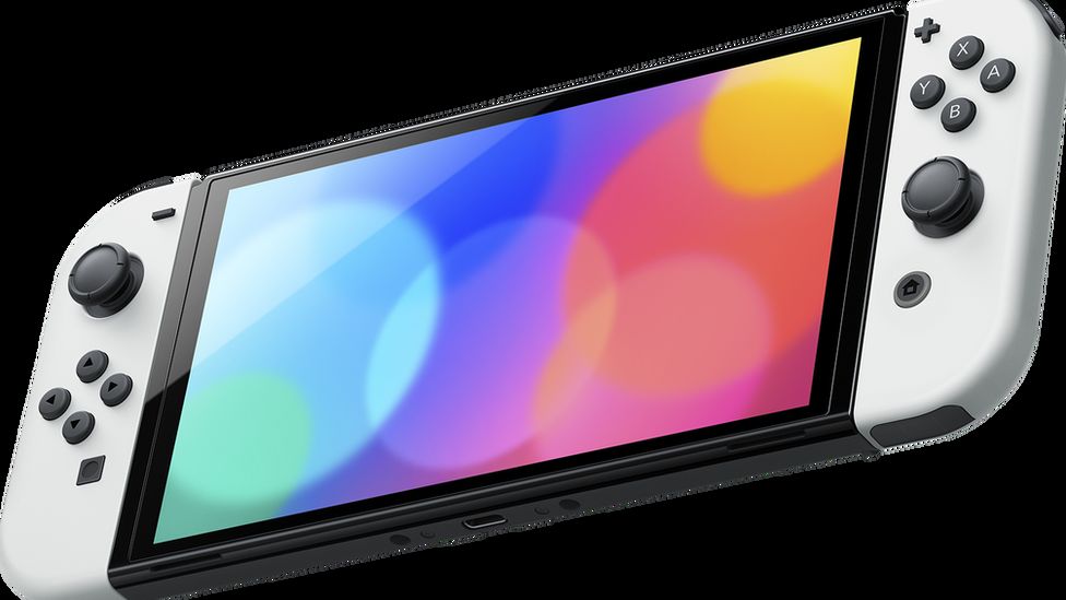 The Nintendo Switch OLED Model, seen with bright colours on its screen
