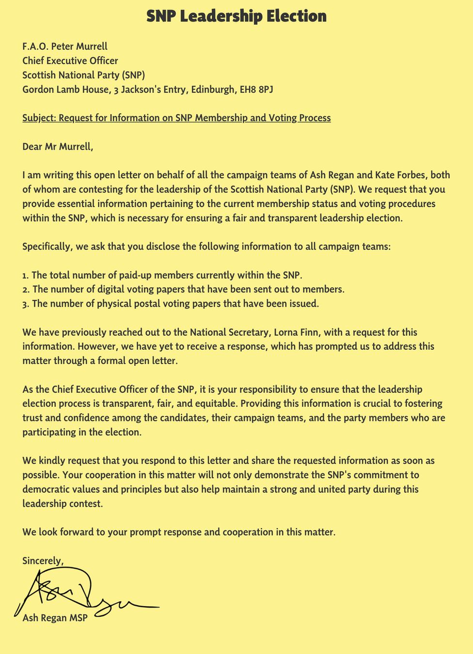 Letter from Ash Regan and Kate Forbes to Peter Murrell