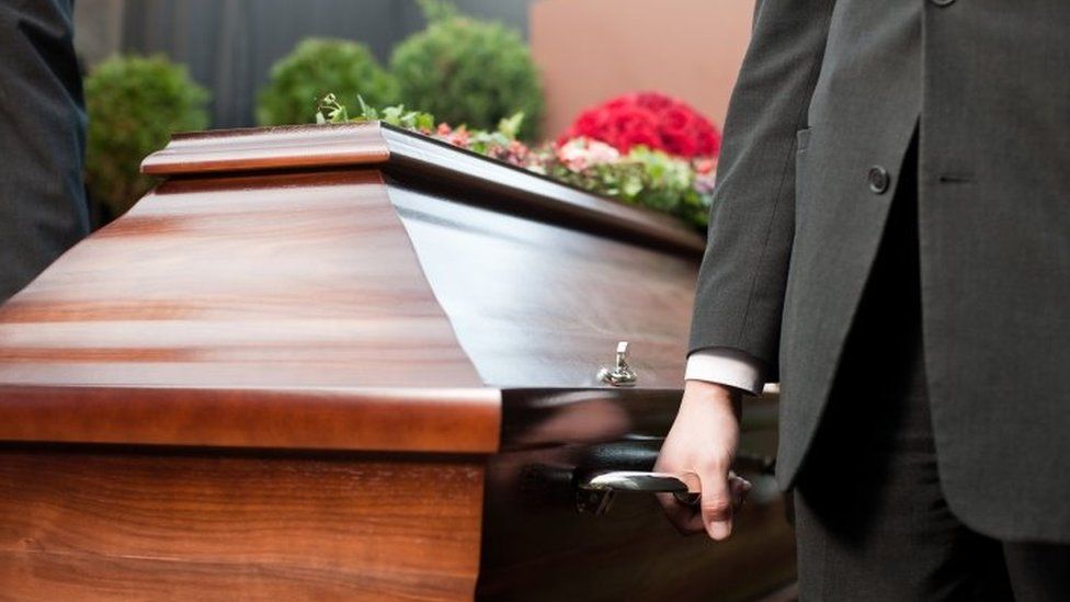 A funeral with a coffin
