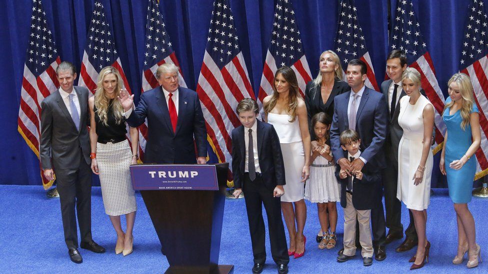 Donald Trump stands with his family after his announcement that he will run for the 2016 presidential elections at the Trump Tower in New York on June 16, 2015.