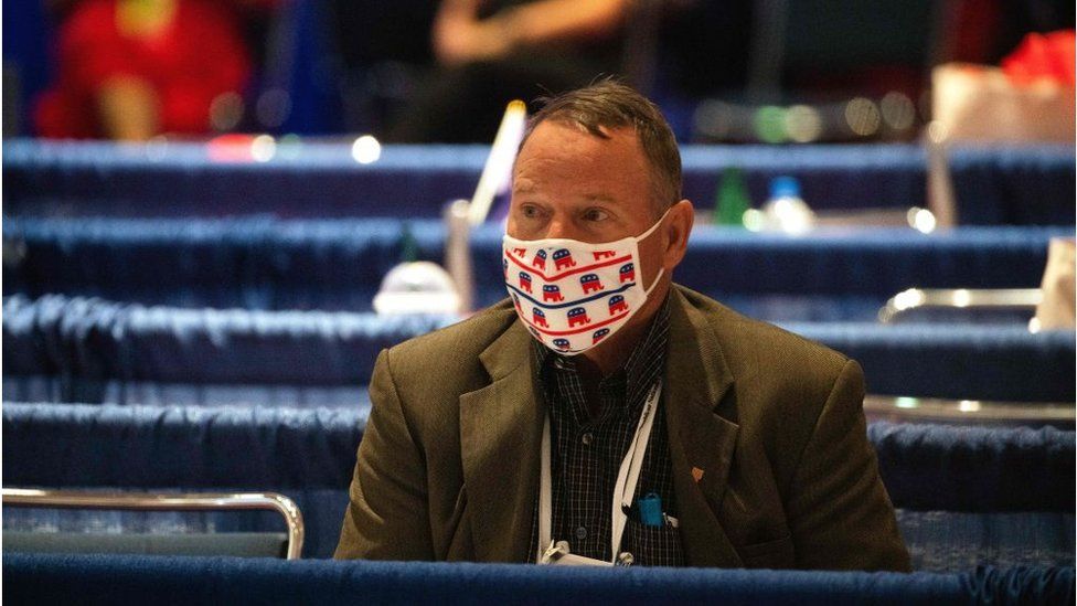 A delegate wears a mask with the Republican Party's elephant logo