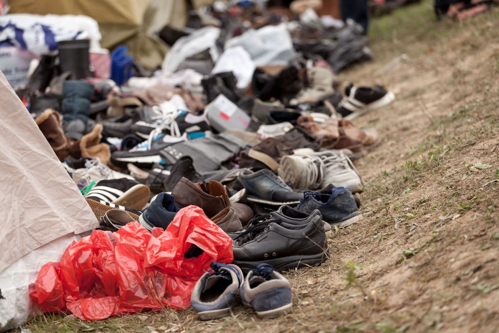 Shoes belonging to migrants on the Croatian border with Slovenia