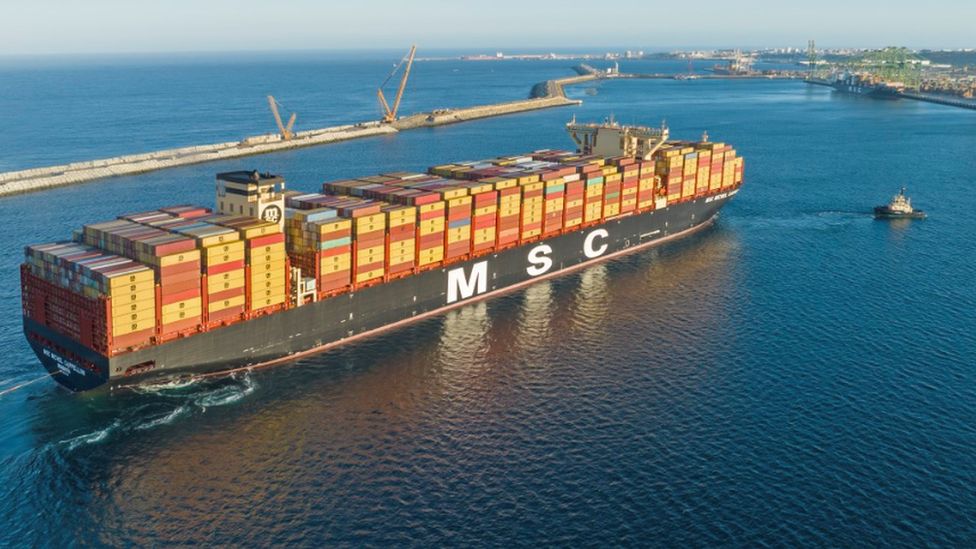 An MSC container ship heading for the Port of Sines in Portugal