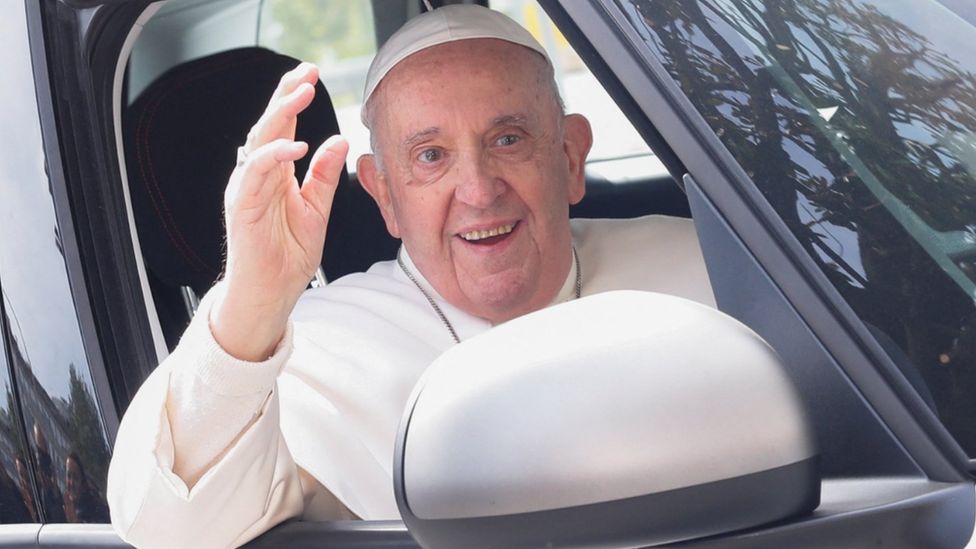 Pope Francis waved from a car as he left Rome's Gemelli hospital