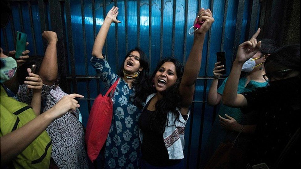 Student activists Natasha Narwal and Devangana Kalita outside Tihar prison, in New Delhi
