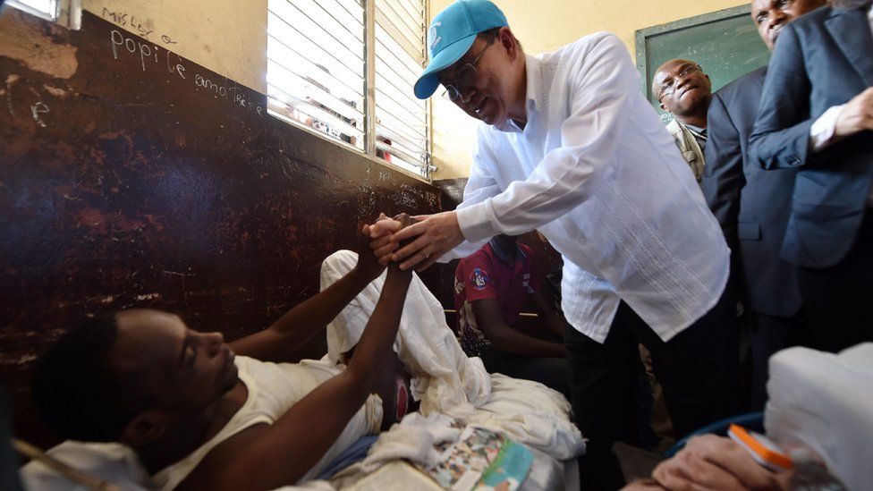 UN Secretary-General Ban Ki-moon visits a shelter in the city of Les Cayes, in Haiti