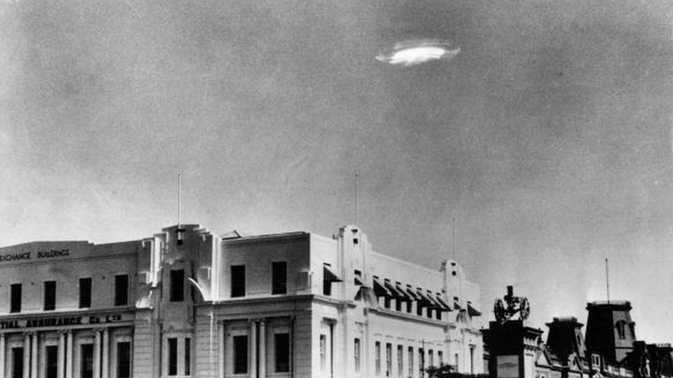 An Unidentified Flying Object (UFO) in the sky over Bulawayo, Southern Rhodesia (now Zimbabwe) in 1953
