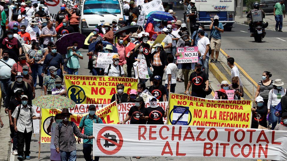 Protestors with signs in San Salvador