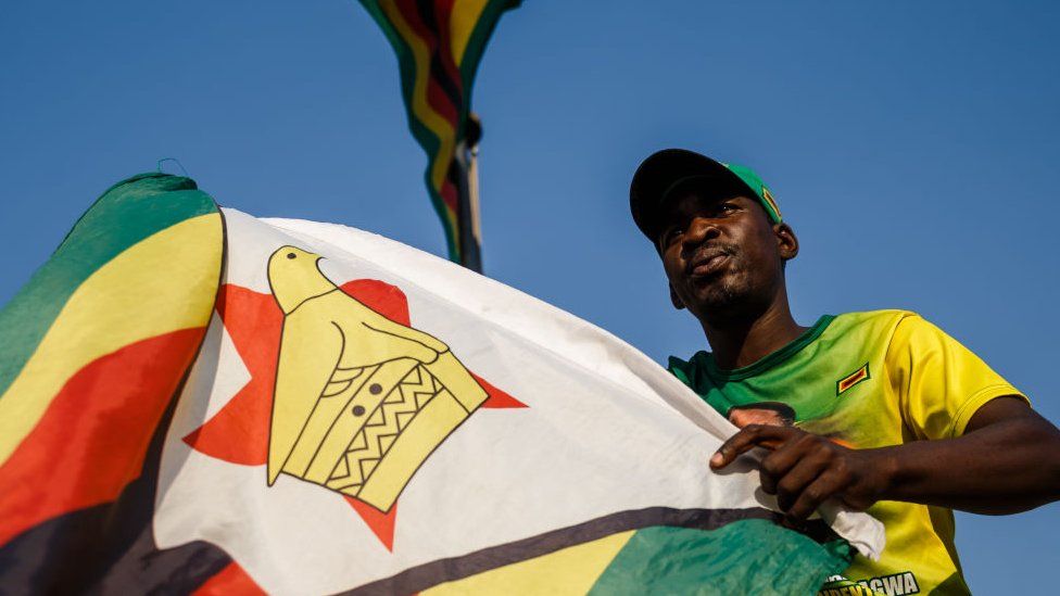 A supporter of Zimbabwe's ruling Zanu-PF party waves the national flag