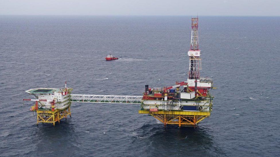 An oil platform operated by Lukoil company in the Kravtconsequentlyvskoye oildomain in the Baltic Sea, Russia, on 16 September 2021