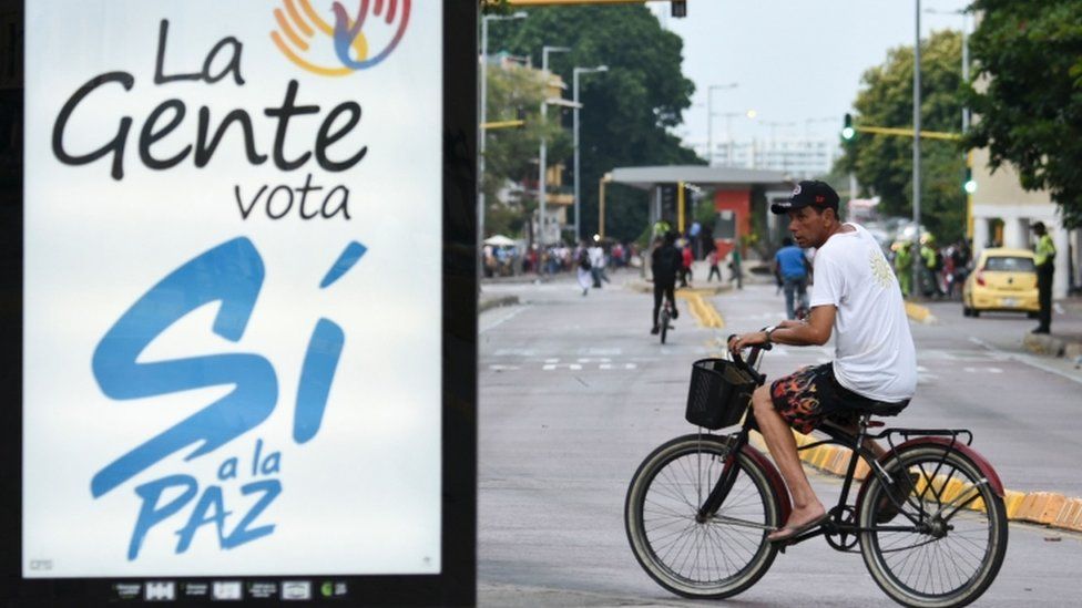 "The people vote yes to peace," reads an sign in Cartagena, 25 Sep 2016