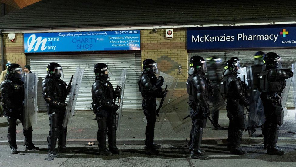 Police in riot gear in Belfast