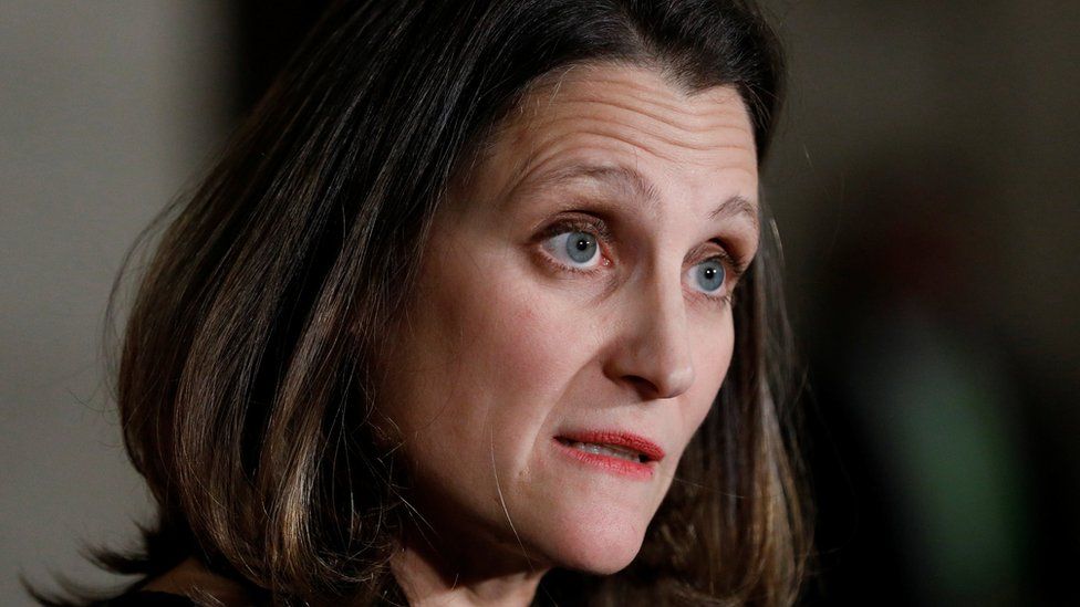 Canada's Foreign Minister Chrystia Freeland takes part in a news conference